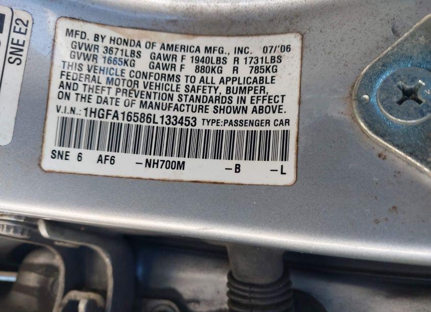 Photo 9 of 2006 Honda Civic LX (VIN 1HGFA16586L133453)