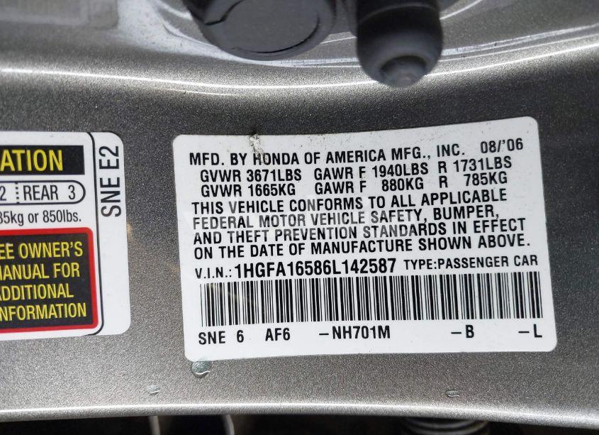 Photo 9 of 2006 Honda Civic LX (VIN 1HGFA16586L142587)