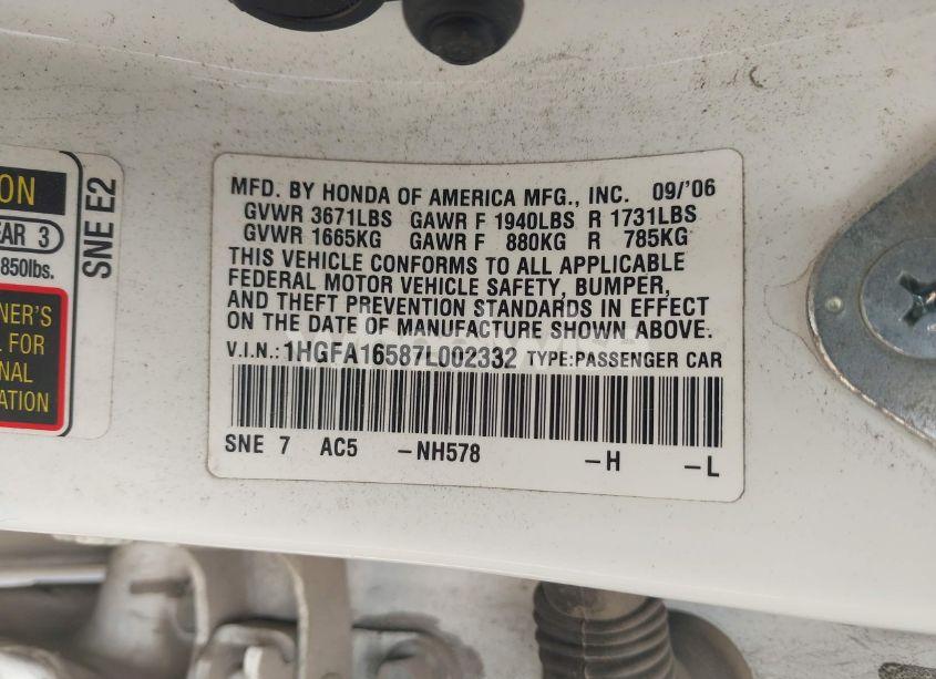 Photo 9 of 2007 Honda Civic LX (VIN 1HGFA16587L002332)