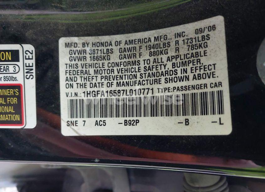 Photo 9 of 2007 Honda Civic LX (VIN 1HGFA16587L010771)