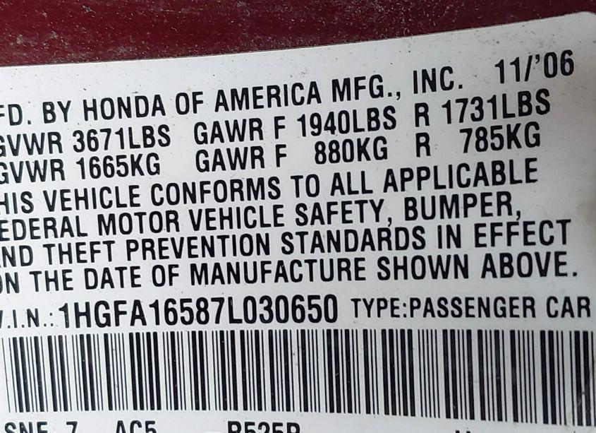 Photo 9 of 2007 Honda Civic LX (VIN 1HGFA16587L030650)