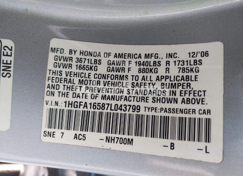 Photo 9 of 2007 Honda Civic LX (VIN 1HGFA16587L043799)