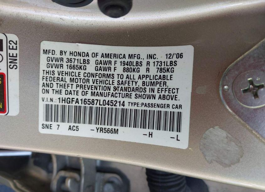 Photo 9 of 2007 Honda Civic LX (VIN 1HGFA16587L045214)