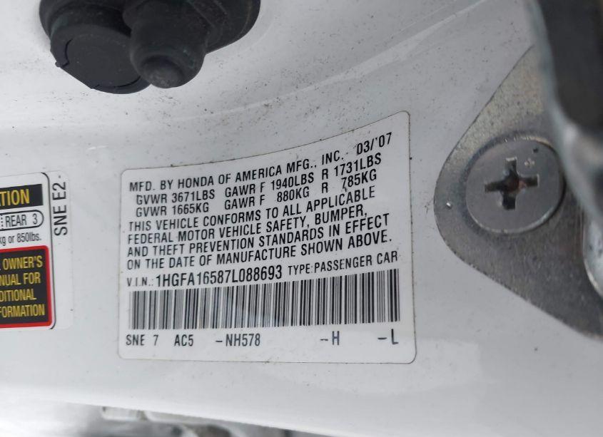 Photo 9 of 2007 Honda Civic LX (VIN 1HGFA16587L088693)