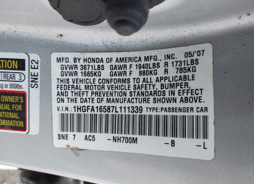 Photo 9 of 2007 Honda Civic LX (VIN 1HGFA16587L111339)