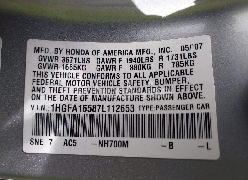 Photo 9 of 2007 Honda Civic LX (VIN 1HGFA16587L112653)