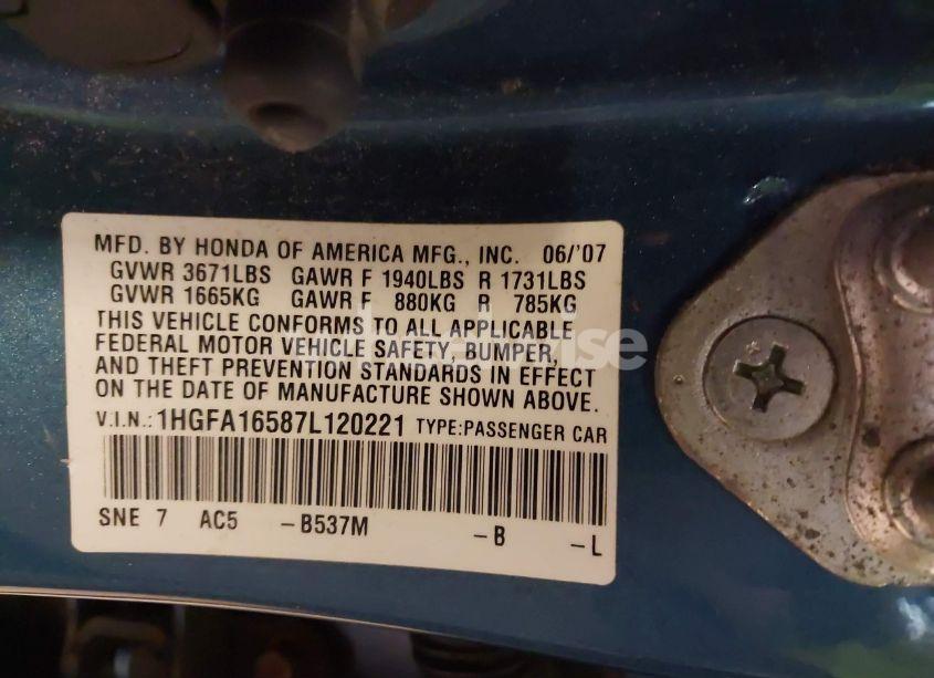 Photo 9 of 2007 Honda Civic LX (VIN 1HGFA16587L120221)