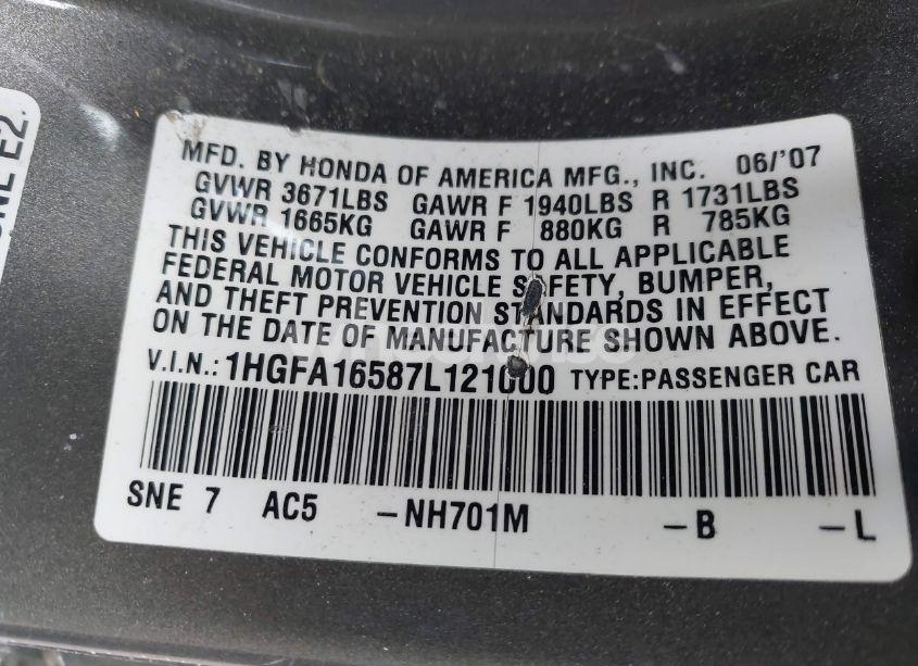 Photo 9 of 2007 Honda Civic LX (VIN 1HGFA16587L121000)