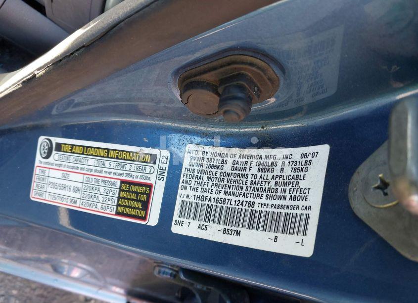 Photo 9 of 2007 Honda Civic LX (VIN 1HGFA16587L124768)