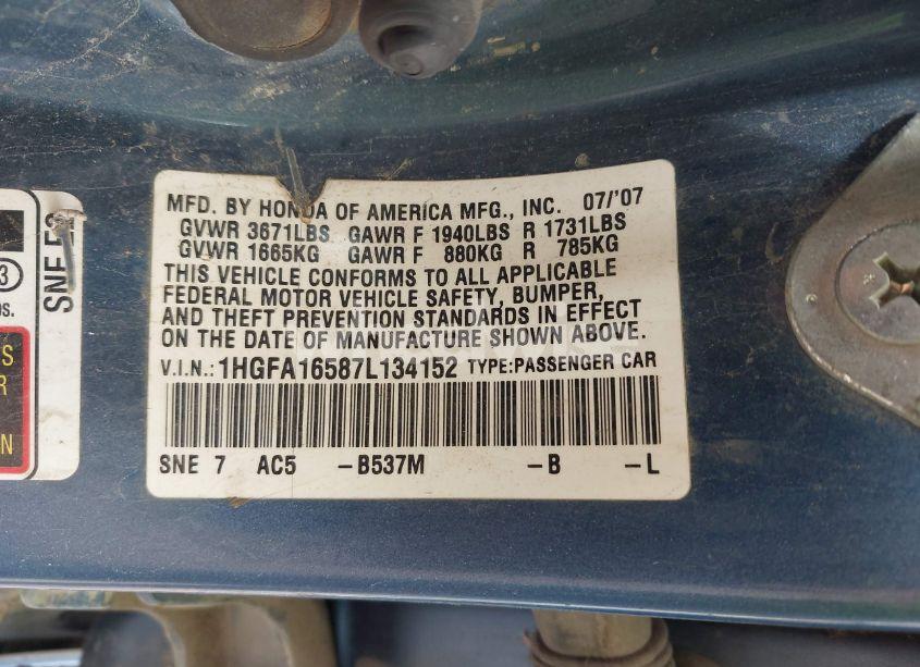 Photo 9 of 2007 Honda Civic LX (VIN 1HGFA16587L134152)