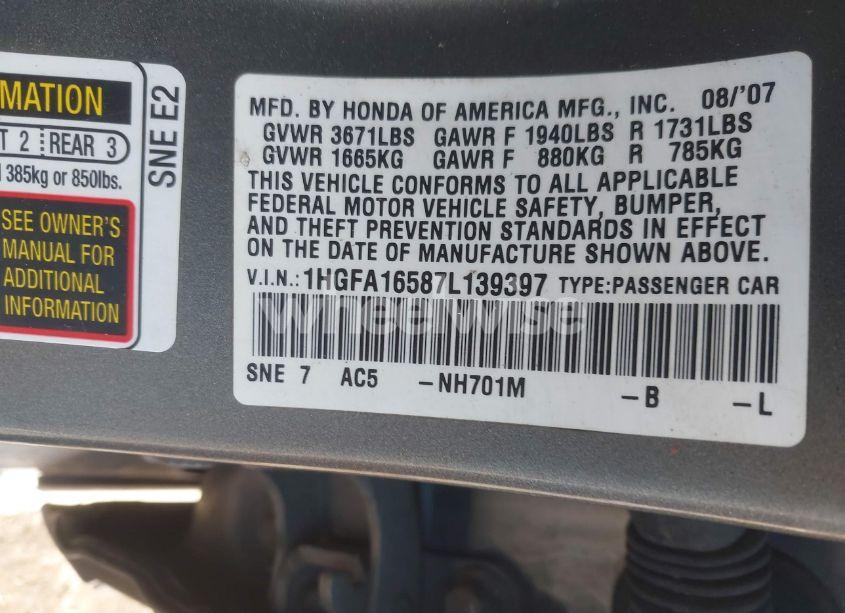 Photo 9 of 2007 Honda Civic LX (VIN 1HGFA16587L139397)