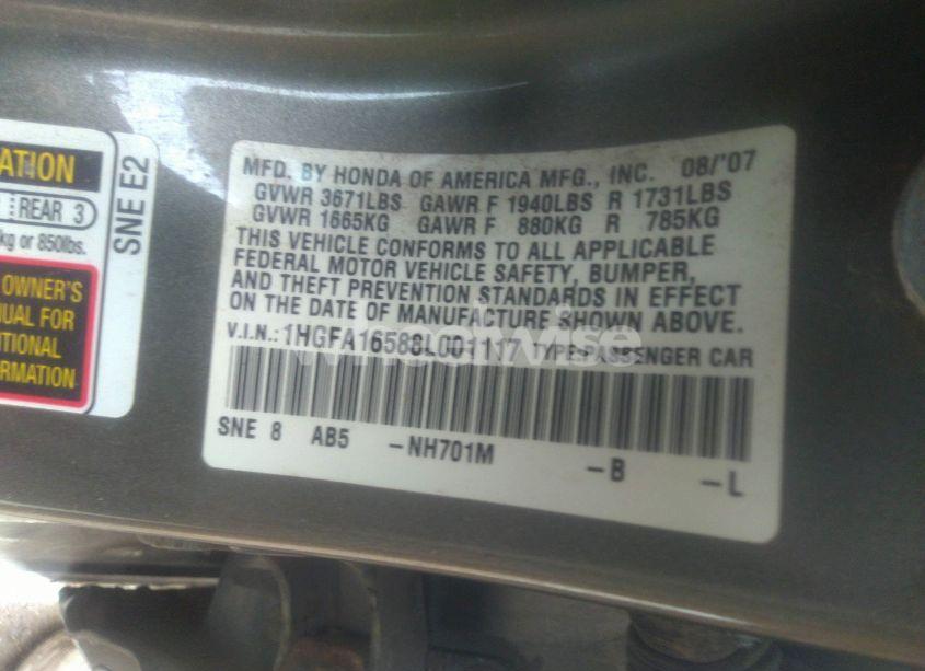 Photo 9 of 2008 Honda Civic LX (VIN 1HGFA16588L001117)