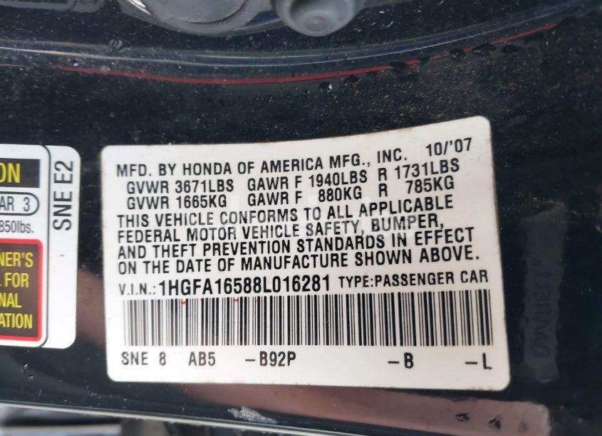 Photo 9 of 2008 Honda Civic LX (VIN 1HGFA16588L016281)