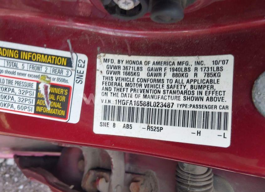 Photo 9 of 2008 Honda Civic LX (VIN 1HGFA16588L023487)