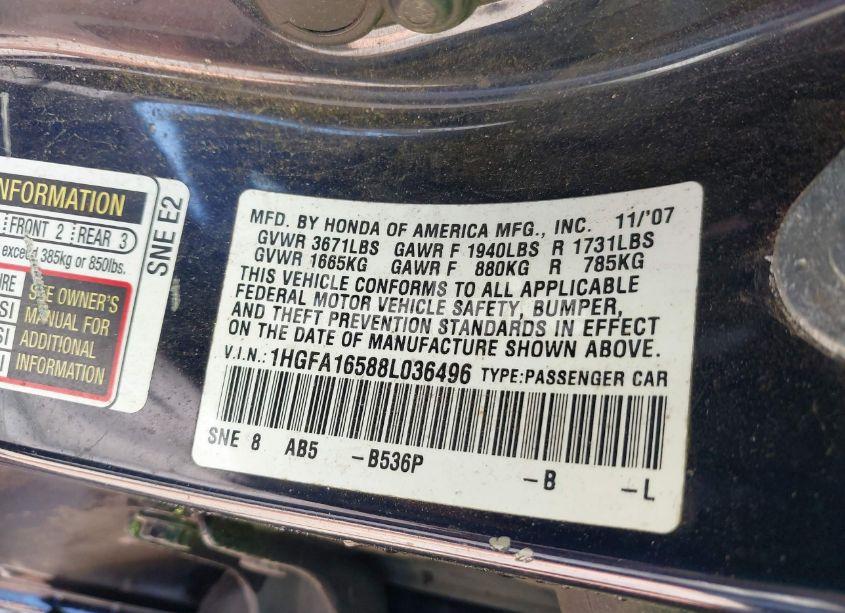 Photo 9 of 2008 Honda Civic LX (VIN 1HGFA16588L036496)