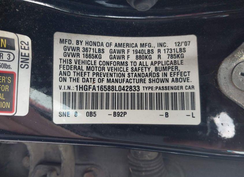 Photo 9 of 2008 Honda Civic LX (VIN 1HGFA16588L042833)