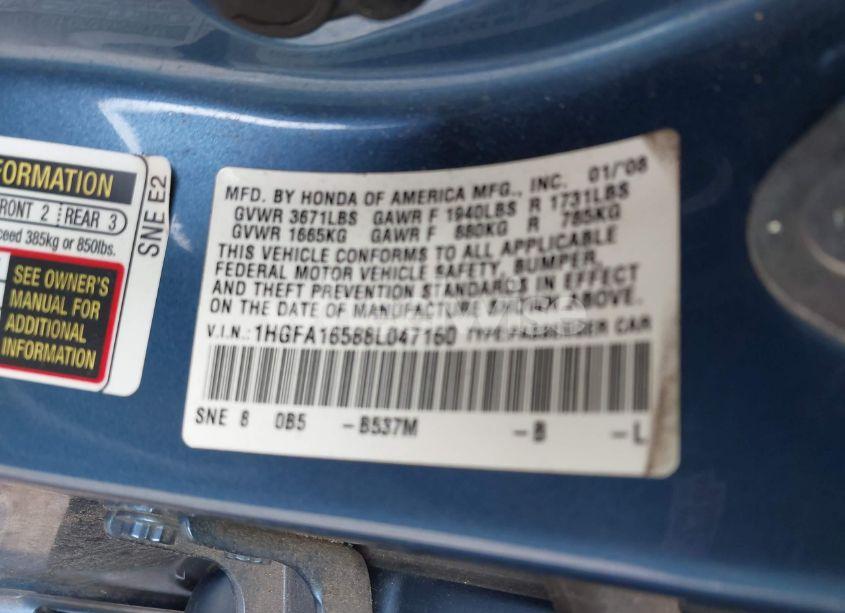 Photo 9 of 2008 Honda Civic LX (VIN 1HGFA16588L047160)
