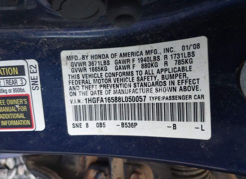 Photo 9 of 2008 Honda Civic LX (VIN 1HGFA16588L050057)