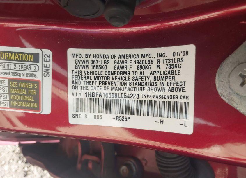 Photo 9 of 2008 Honda Civic LX (VIN 1HGFA16588L054223)
