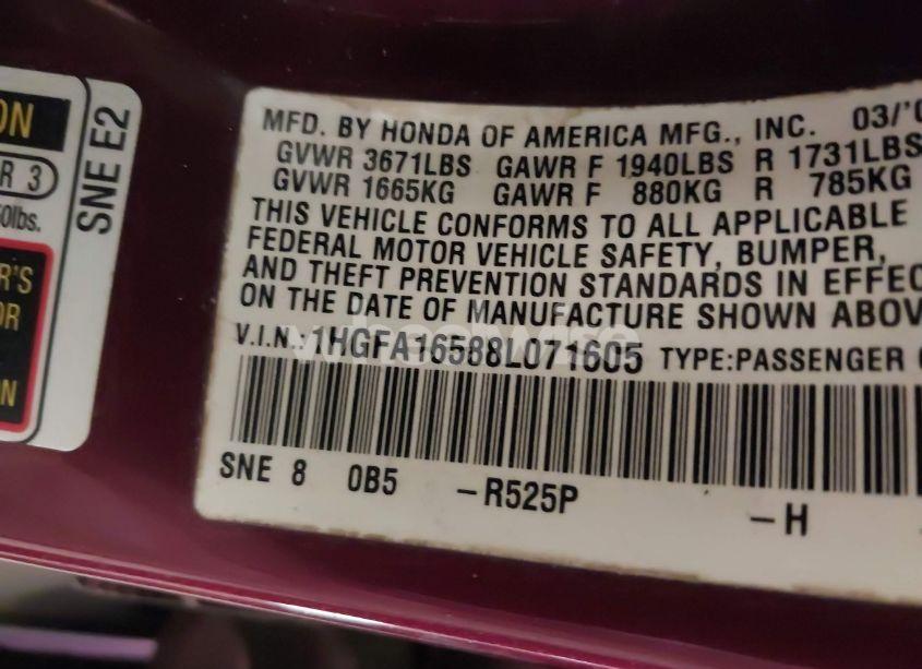 Photo 9 of 2008 Honda Civic LX (VIN 1HGFA16588L071605)