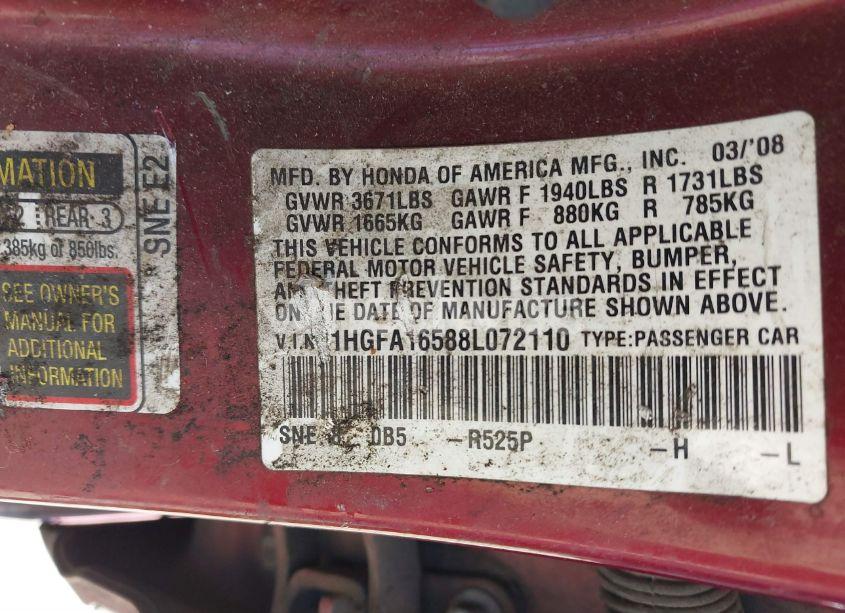 Photo 9 of 2008 Honda Civic LX (VIN 1HGFA16588L072110)