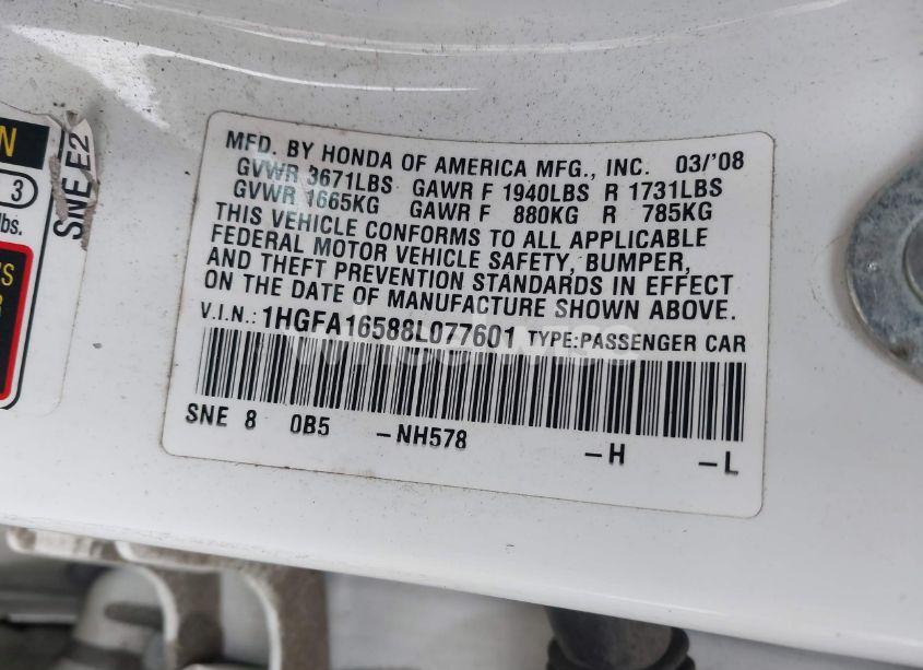 Photo 9 of 2008 Honda Civic LX (VIN 1HGFA16588L077601)
