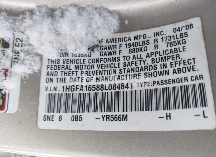 Photo 9 of 2008 Honda Civic LX (VIN 1HGFA16588L084841)
