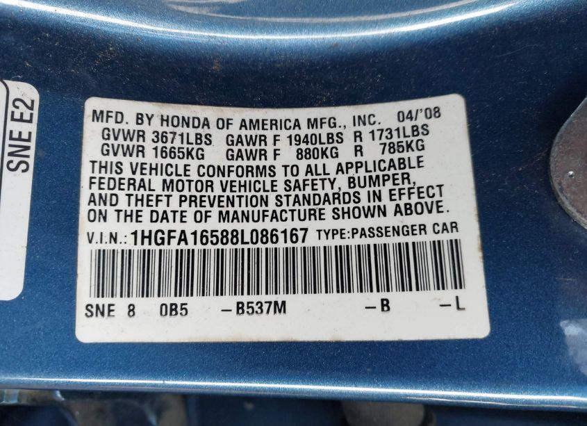 Photo 9 of 2008 Honda Civic LX (VIN 1HGFA16588L086167)