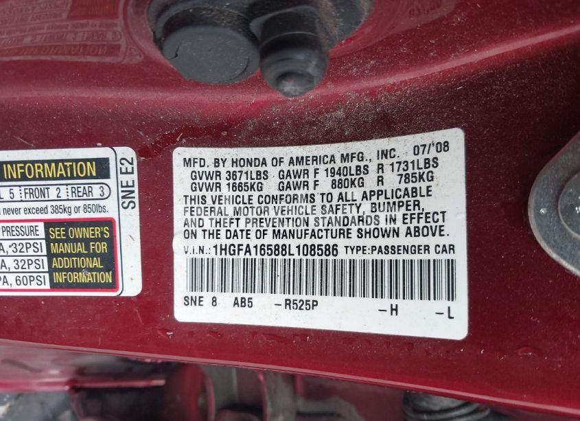 Photo 9 of 2008 Honda Civic LX (VIN 1HGFA16588L108586)