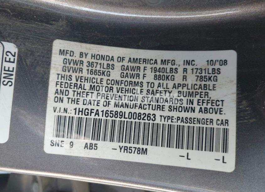 Photo 9 of 2009 Honda Civic LX (VIN 1HGFA16589L008263)