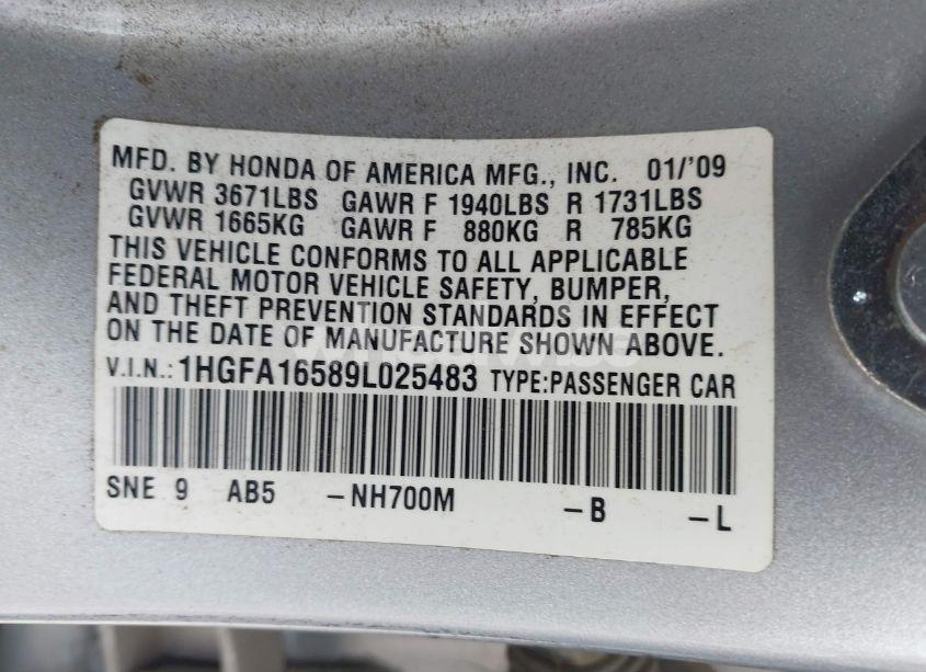 Photo 9 of 2009 Honda Civic LX (VIN 1HGFA16589L025483)