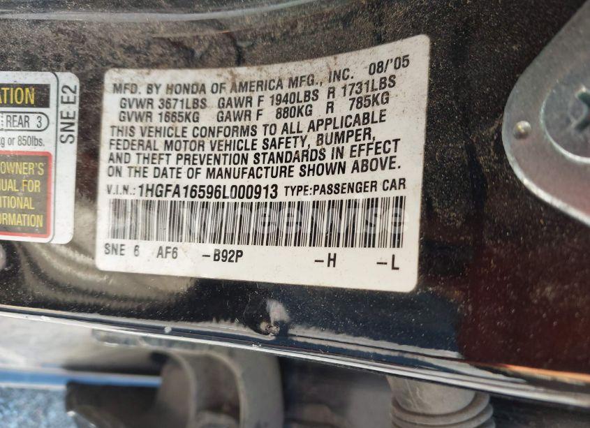 Photo 9 of 2006 Honda Civic LX (VIN 1HGFA16596L000913)