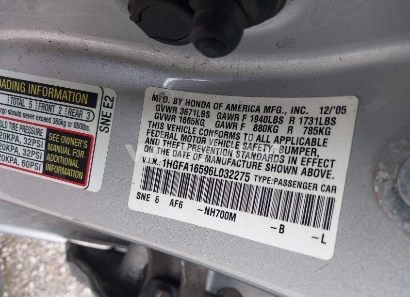 Photo 9 of 2006 Honda Civic LX (VIN 1HGFA16596L032275)