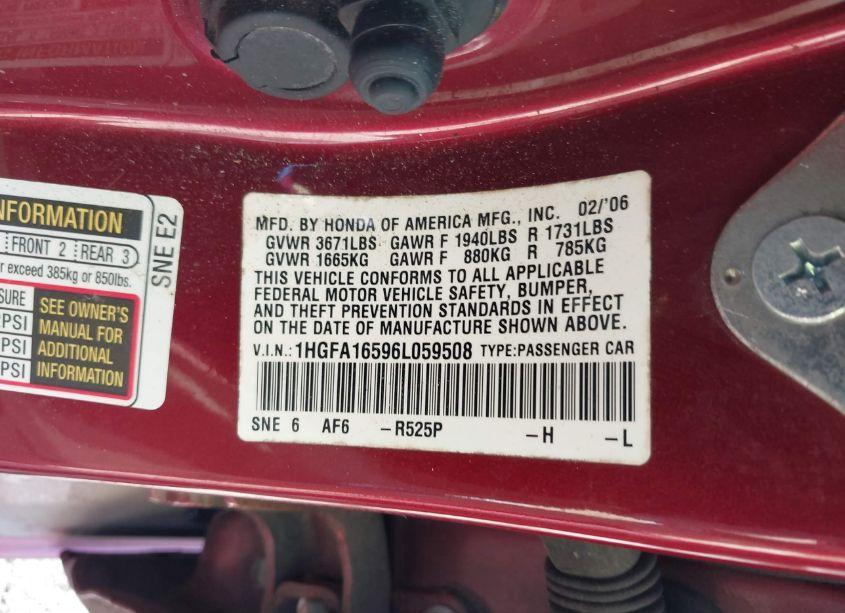 Photo 9 of 2006 Honda Civic LX (VIN 1HGFA16596L059508)