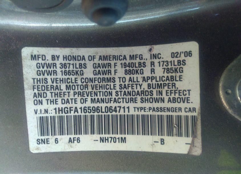 Photo 9 of 2006 Honda Civic LX (VIN 1HGFA16596L064711)