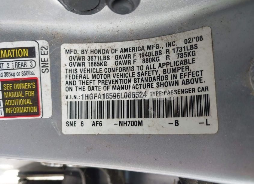 Photo 9 of 2006 Honda Civic LX (VIN 1HGFA16596L066524)