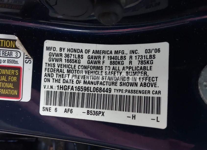 Photo 9 of 2006 Honda Civic LX (VIN 1HGFA16596L068449)