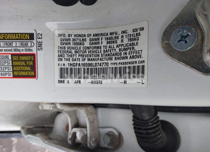 Photo 9 of 2006 Honda Civic LX (VIN 1HGFA16596L074770)