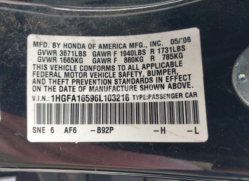 Photo 9 of 2006 Honda Civic LX (VIN 1HGFA16596L103216)