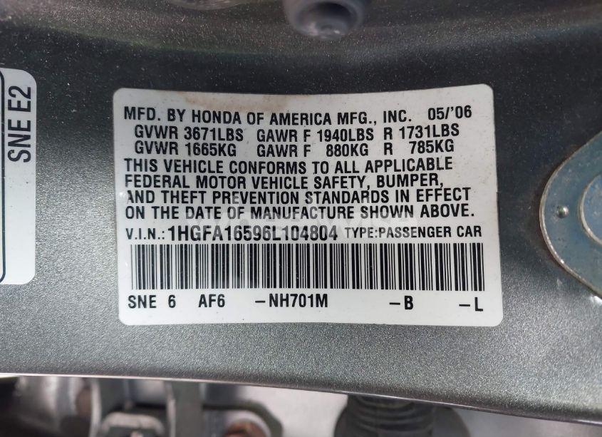 Photo 9 of 2006 Honda Civic LX (VIN 1HGFA16596L104804)