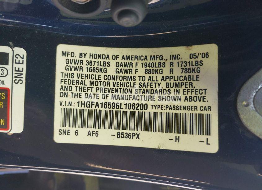 Photo 9 of 2006 Honda Civic LX (VIN 1HGFA16596L106200)