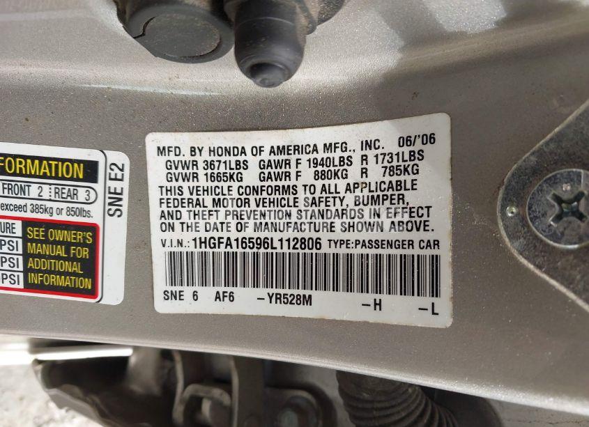 Photo 9 of 2006 Honda Civic LX (VIN 1HGFA16596L112806)