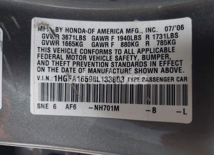 Photo 9 of 2006 Honda Civic LX (VIN 1HGFA16596L133803)