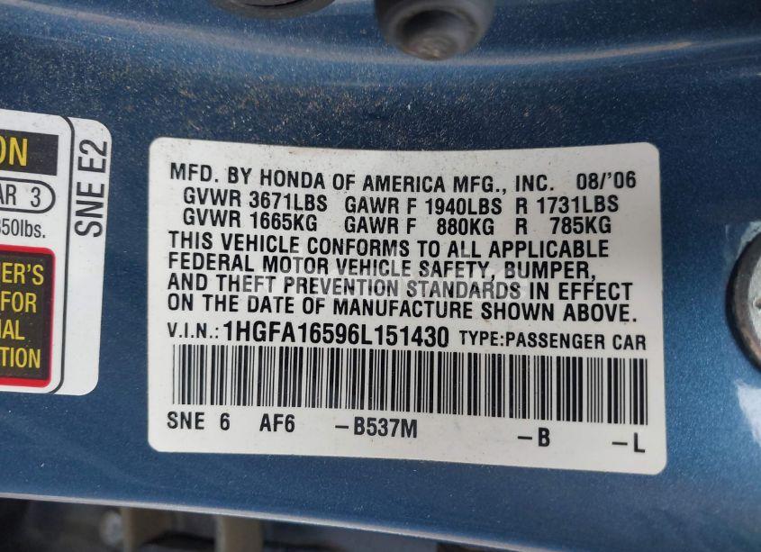 Photo 9 of 2006 Honda Civic LX (VIN 1HGFA16596L151430)