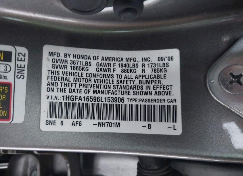 Photo 9 of 2006 Honda Civic LX (VIN 1HGFA16596L153906)