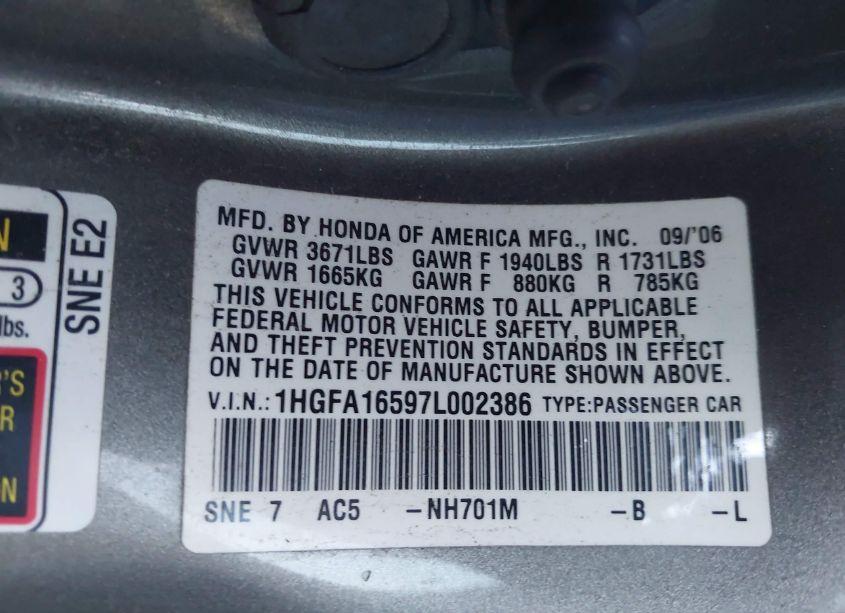 Photo 9 of 2007 Honda Civic LX (VIN 1HGFA16597L002386)