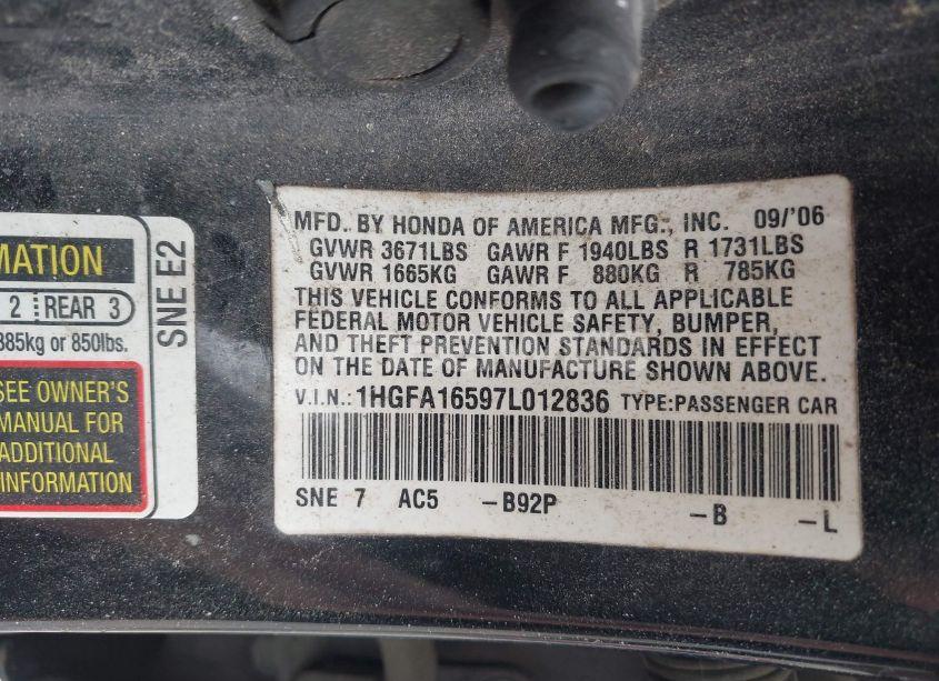 Photo 9 of 2007 Honda Civic LX (VIN 1HGFA16597L012836)
