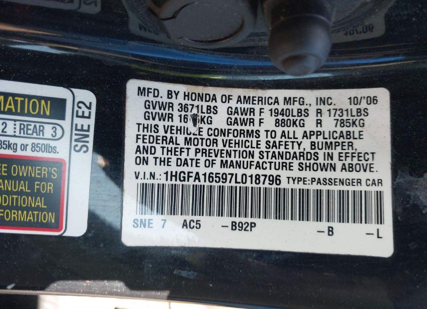 Photo 9 of 2007 Honda Civic LX (VIN 1HGFA16597L018796)