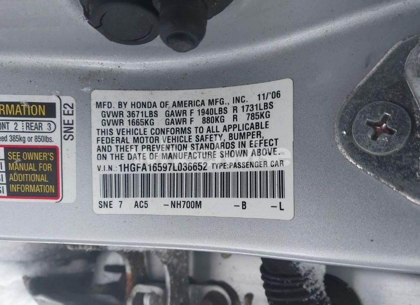 Photo 9 of 2007 Honda Civic LX (VIN 1HGFA16597L036652)