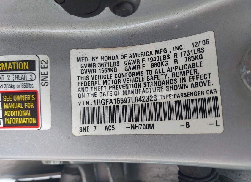 Photo 9 of 2007 Honda Civic LX (VIN 1HGFA16597L042323)